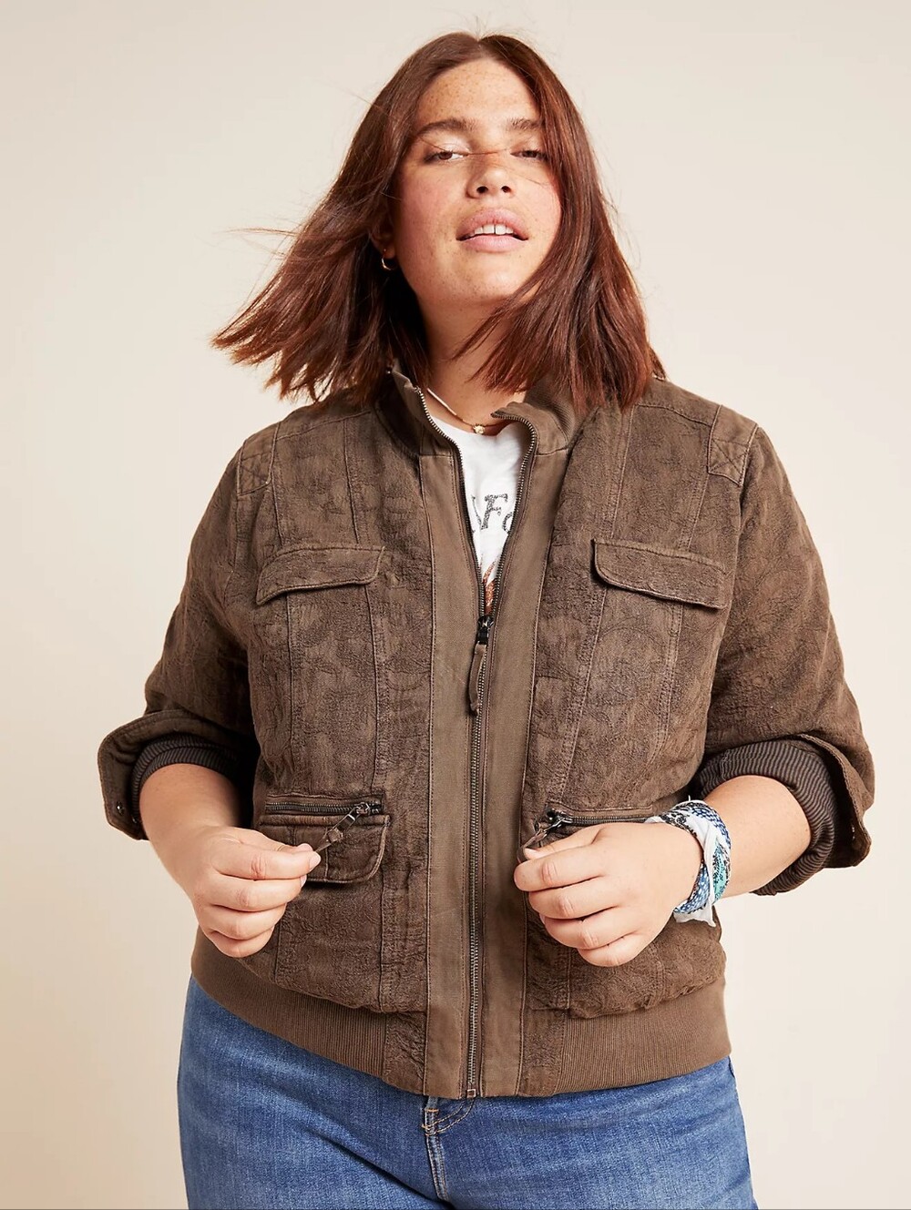 Anthropologie Marrakech Jacquard Army Green Bomber Jacket